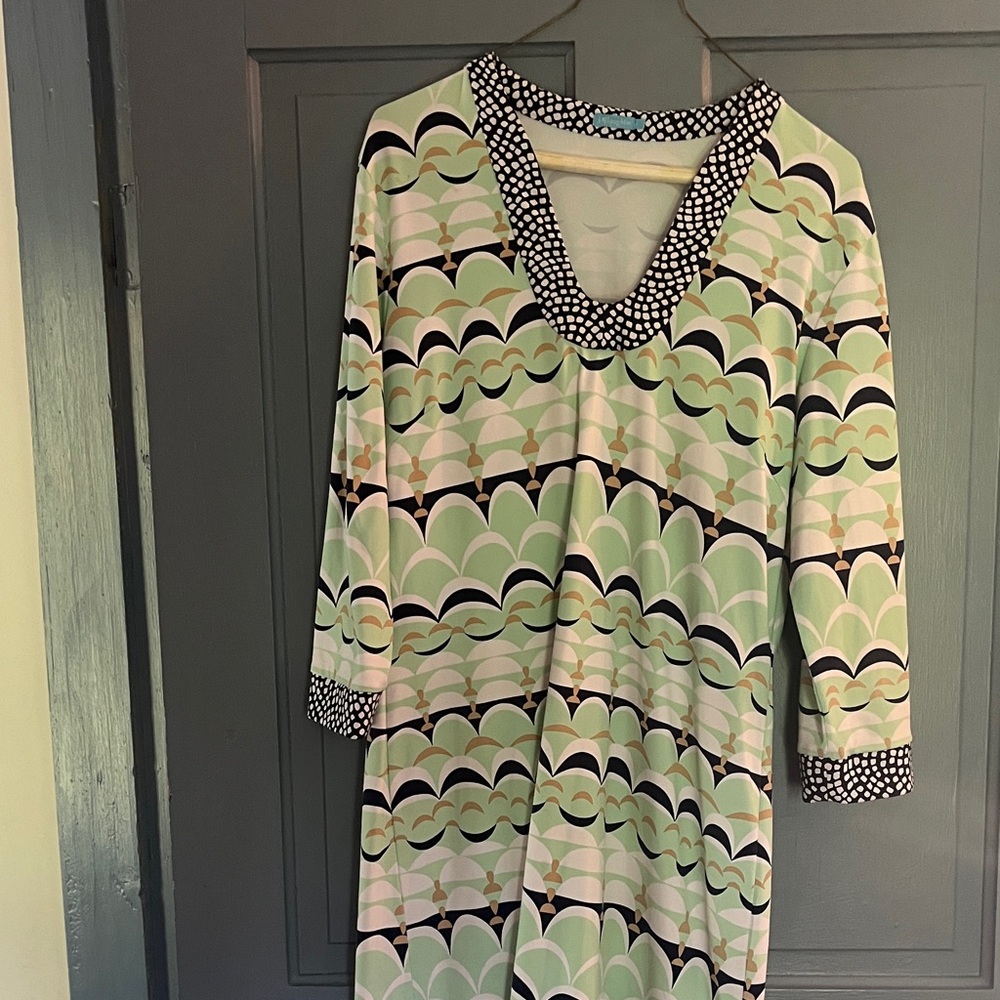 J. McLaughlin Mint and Navy Patterned Long Sleeve Dress